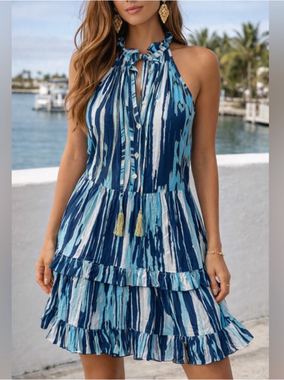 SKEMO Beaded Abstract Tiered Halter Dress | Tassel Tie | Resort Boho